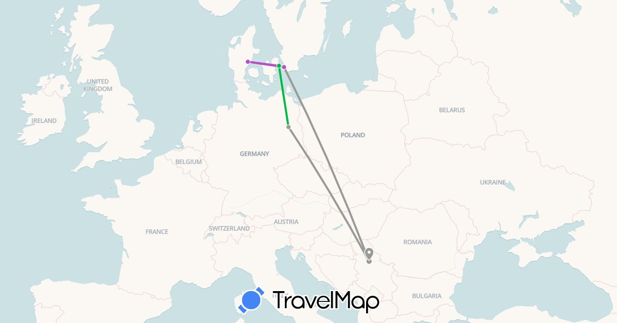 TravelMap itinerary: driving, bus, plane, train in Germany, Denmark, Serbia, Sweden (Europe)
